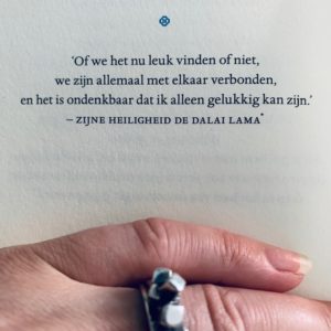 Of we het nu leuk vinden of niet, we zijn allemaal met elkaar verbonden, en het is ondenkbaar dat ik alleen gelukkig kan zijn, quote van de Dalai Lama. Uit: dIngen die je alleen ziet als je er de tijd voor neemt door Haemin Sunim